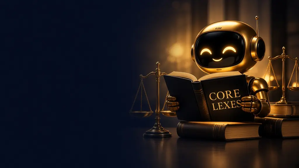 The golden Core Lexes robot reading a Core Lexes book beside gold scales of justice
