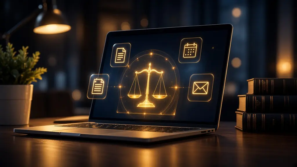 A laptop on a law office desk with glowing gold scales of justice and document, calendar and email icons