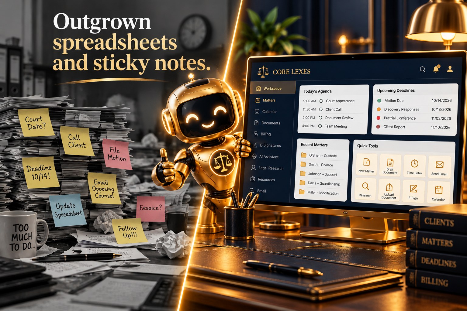 Desk covered in sticky notes and spreadsheets beside a laptop showing legal practice management software