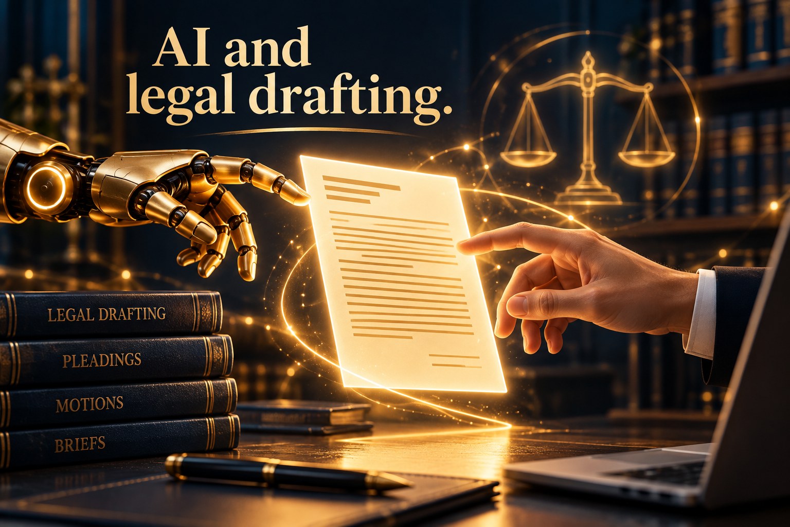 Lawyer reviewing and editing a first draft created with AI legal drafting software on a desktop screen